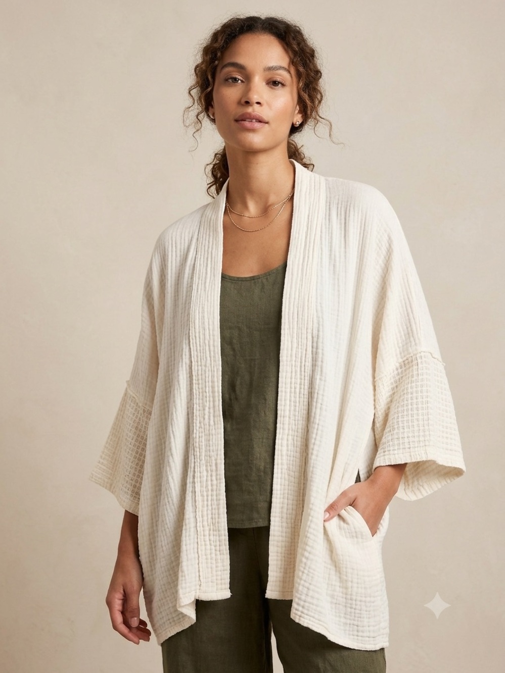 Johnny Was Calme organic Cotton Gauze Cream Beach Kimono Cover Up Lightweight
